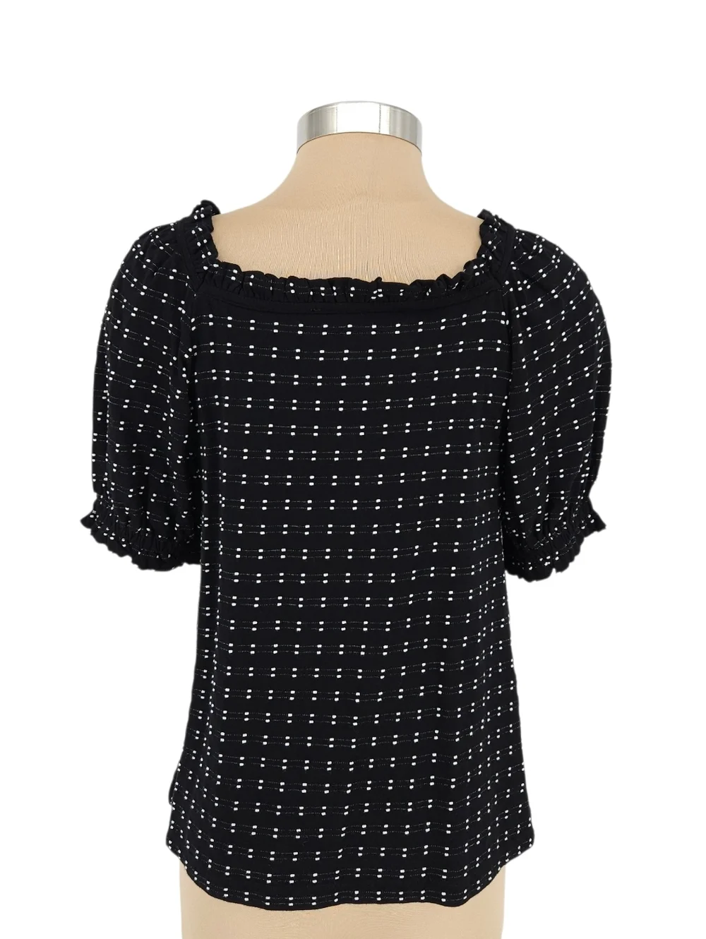 Ann Taylor LOFT Shirt Black Polka Dot Stripe Puff Short Sleeve Ruffle Top Medium